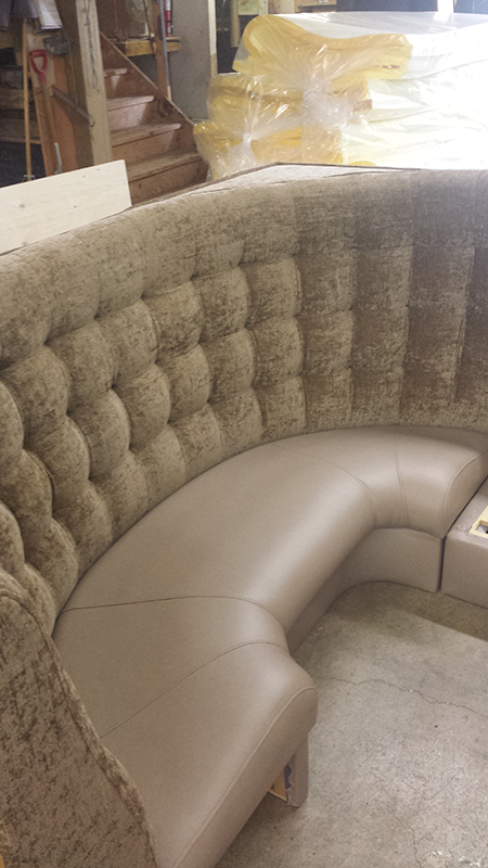 Grey upholstered seating in a restaurant
